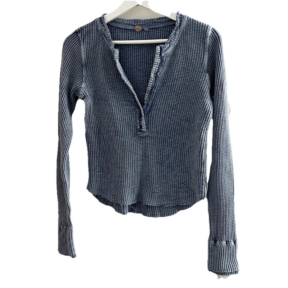 Free People FP One Colt Waffle Knit Henley Thermal Blue Size S Boho Grunge